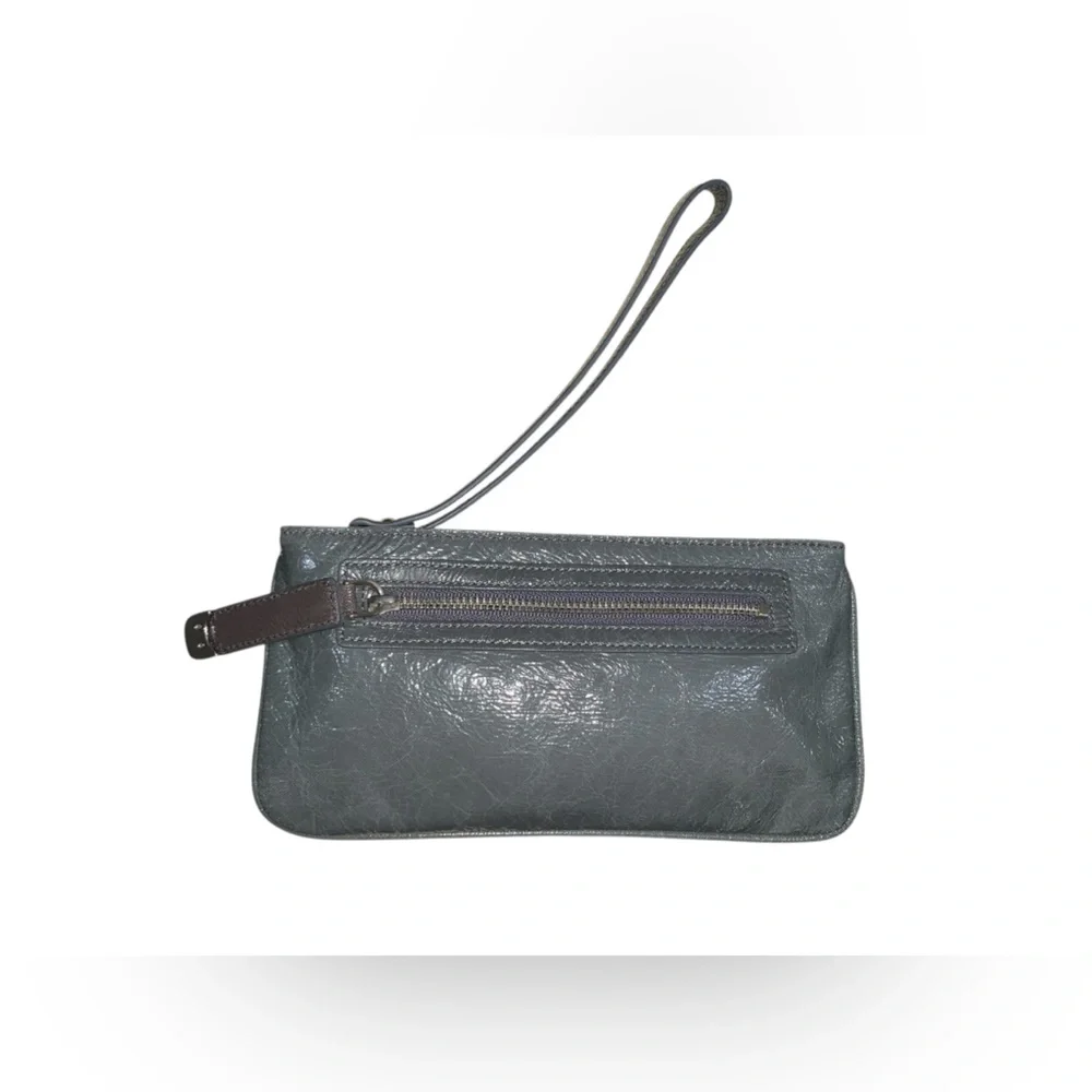 DKNY Small Wristlet Grey Patent Faux Leather Zipper Closure